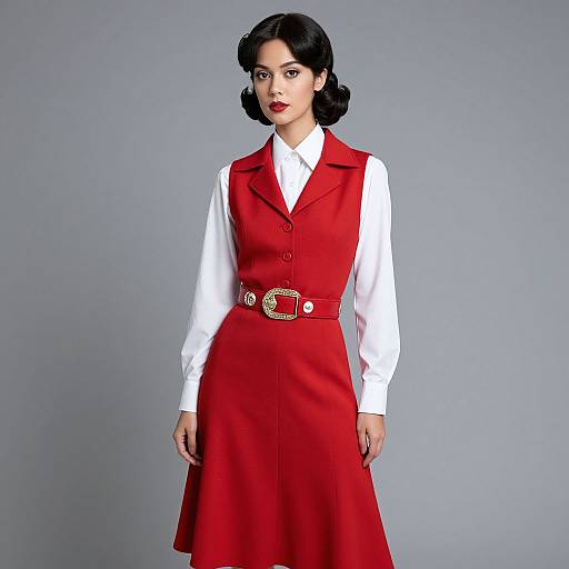 Photograph of a pale-skinned woman with black, wavy hair, wearing a red sleeveless dress over a white shirt, belted at the