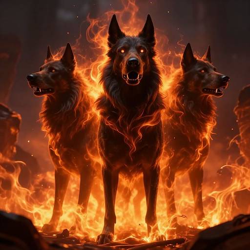 Digital artwork of three black wolves with glowing eyes, standing in fiery flames, their fur illuminated by intense orange fire.