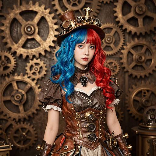 Steampunk-style photograph of a young woman with vibrant blue and red hair, wearing a brown leather corset, brass gears background, and a ste