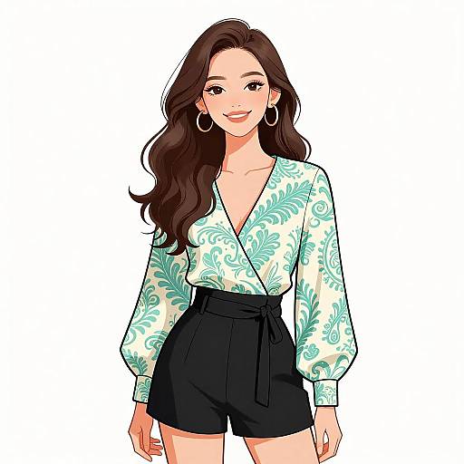 Digital illustration of a smiling woman with long brown hair, wearing a floral blouse, black high-waisted shorts, and large hoop earrings.