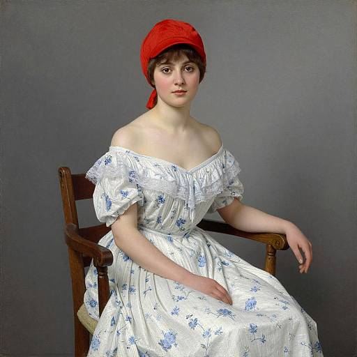 19th-century painting of a young woman with fair skin, red headscarf, off-shoulder white floral dress, seated on wooden chair.