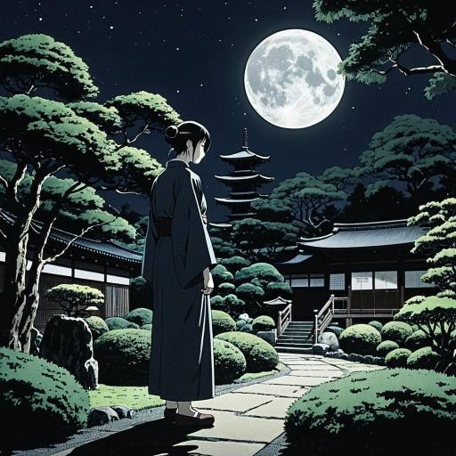 Faceless Spirit in Japanese Garden at Night
