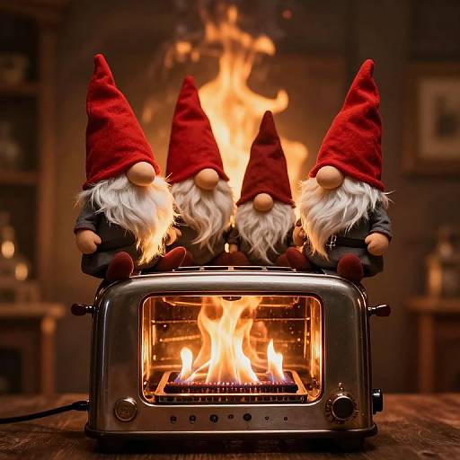 Photograph of three gnome figurines with red hats and white beards standing on a metallic toaster with a burning flame inside. Warm, cozy, and