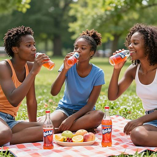 Photograph of three Black women with curly hair, sitting on a red-and-white blanket in a sunlit park, drinking Fanta, surrounded by fruit