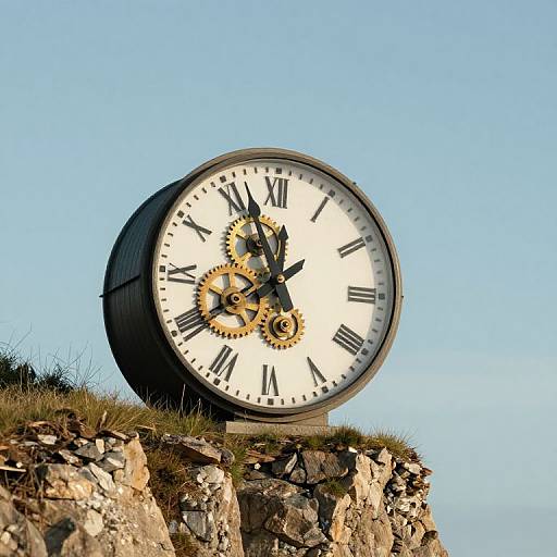 Photograph of a large, tilted, black clock with white face, black Roman numerals, and gold gears, mounted on a rocky cliff with grass