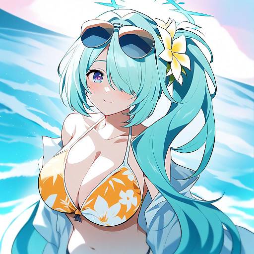 Illustration of Hiyori (swimsuit) (blue archive), blue archive in the style of Nao (ritsancrossover)