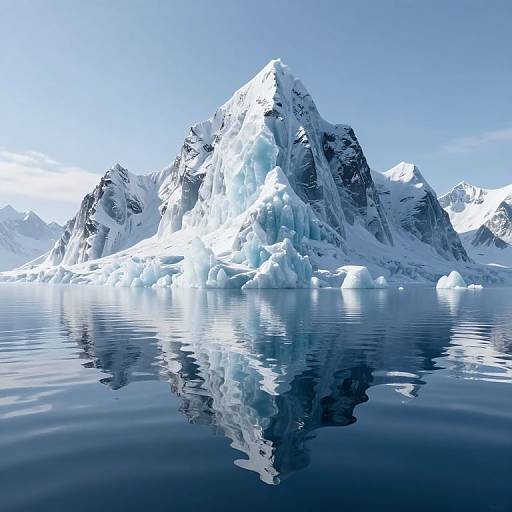 Photograph of a majestic, snow-capped mountain peak reflected in calm, mirror-like water under a clear blue sky.