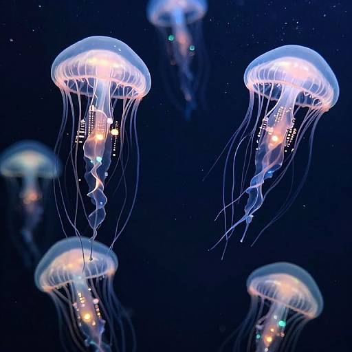 Photograph of glowing jellyfish with translucent, dome-shaped bodies and long, flowing tentacles against a dark blue underwater background. Multicolored lights illuminate