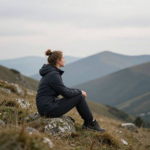 Photograph of a woman with a bun, wearing a black jacket and pants, sitting on a rock in a mountainous landscape.