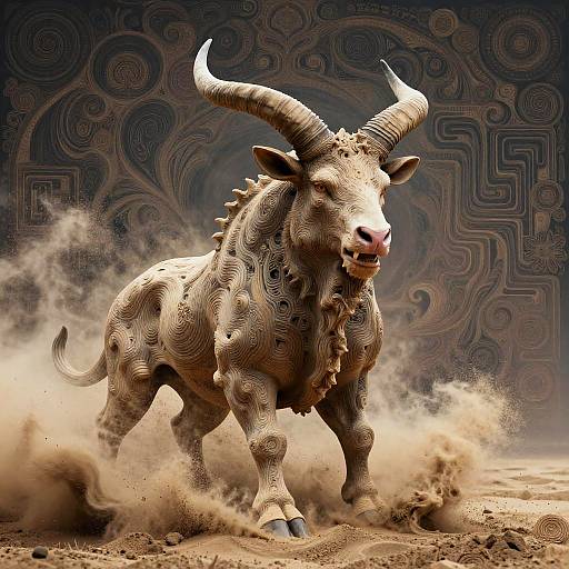Digital artwork of a mythical, horned bull with intricate, swirling patterns, charging forward, kicking up dust against a dark, ornate background.