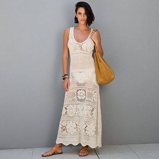 Photograph of a smiling woman with short black hair, wearing a white lace dress, tan bag, and sandals, standing against a plain gray wall.