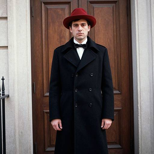 Photograph of a young man in a black overcoat, bow tie, and red hat standing in front of a wooden door.