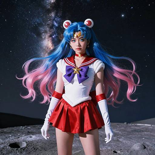 Digital art of a blue-haired anime girl in a Sailor Moon costume with pink tips, red skirt, white gloves, and star tiara, standing on