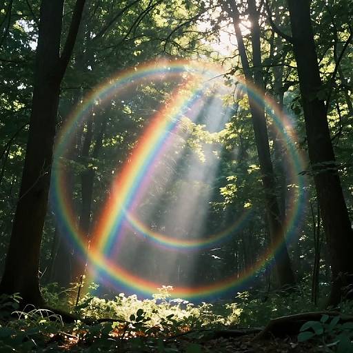 Photograph of a sunlit forest with vibrant rainbow lens flare, sunlight streaming through dense green foliage, creating a mystical atmosphere.