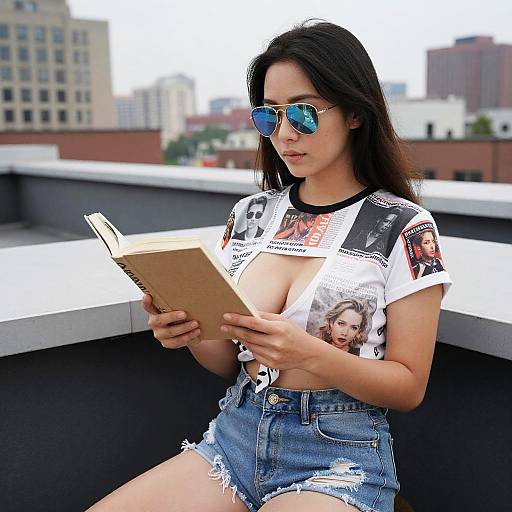Photograph of a young woman with long black hair, wearing blue sunglasses, white crop top revealing cleavage, and denim shorts, reading a book on
