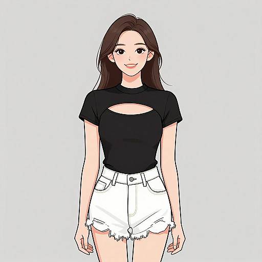 Digital anime-style drawing of a young woman with long brown hair, black cropped t-shirt, and white high-waisted shorts, standing against a white