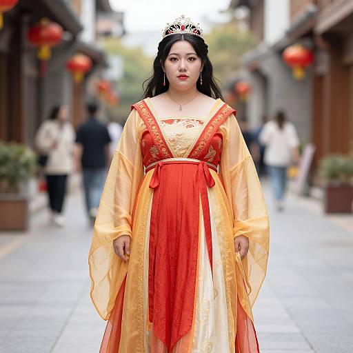 Photograph of an Asian woman with long black hair, wearing a traditional yellow and red Chinese dress, standing in a bustling street with red lanterns.