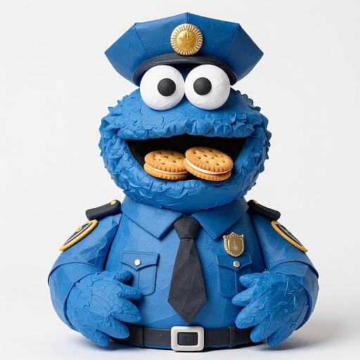 Photograph of a blue, cookie-like monster in a blue police uniform with a hat, black tie, and cookie-shaped mouth holding two cookies. White