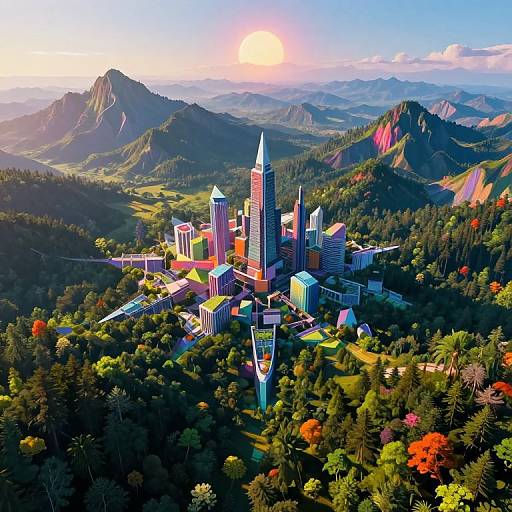 Vibrant CGI image of a futuristic city with skyscrapers nestled in lush, colorful mountains under a setting sun. Bright, colorful architecture contrasts with