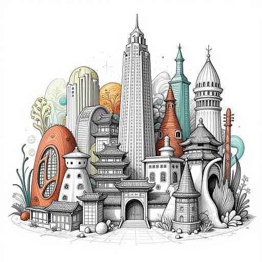 Colorful, whimsical cityscape illustration featuring eclectic buildings with varied architectural styles, including towers, domes, and a giant orange oval structure. Detailed