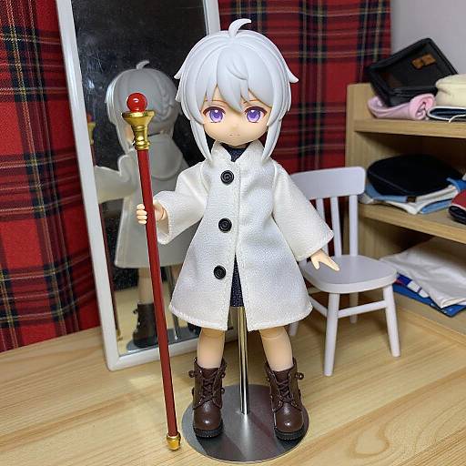 White-Haired Anime Doll with Staff