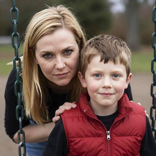 Photograph of a blonde woman with blue eyes, wearing a black top, hugging a young boy with blue eyes, wearing a red vest, on