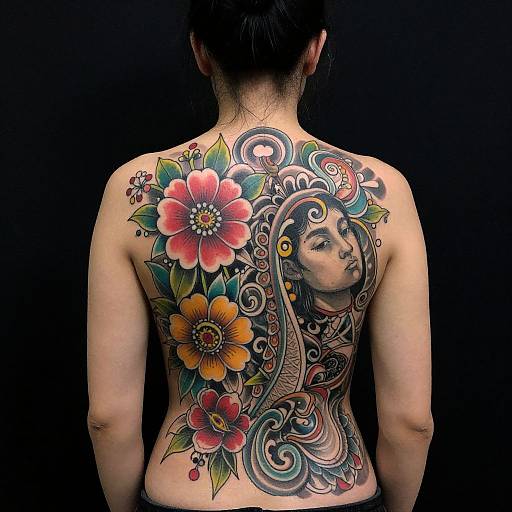 Vibrant Floral Back Tattoo Photograph