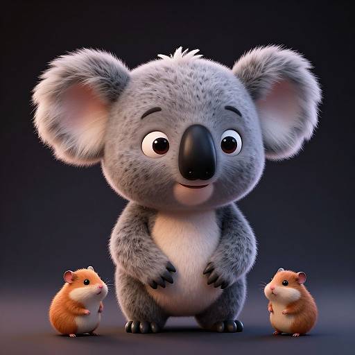 CGI image of a cute, fluffy grey koala with large ears, black nose, and wide eyes, standing between two small, orange hamsters