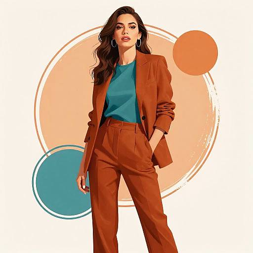 Photograph of a confident woman with long, dark hair wearing a brown blazer and high-waisted pants over a teal top, standing against a