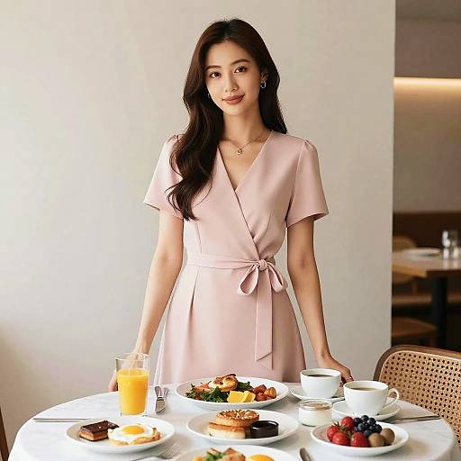 Woman in Pink Dress with Brunch