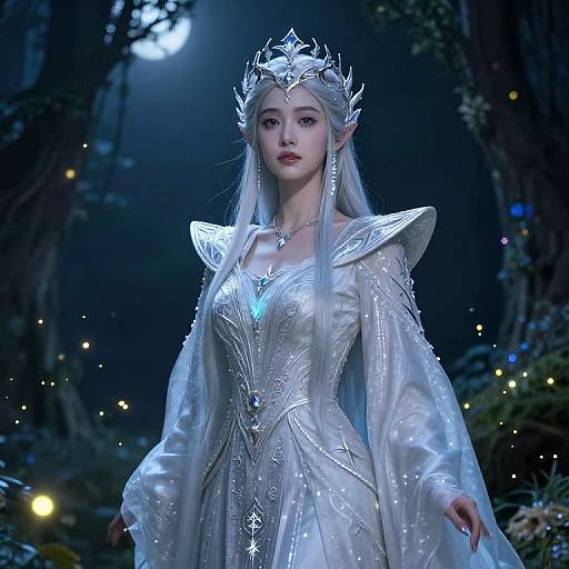 Digital artwork of a silver-haired, fair-skinned, elven princess in a shimmering, silver gown with intricate patterns, wearing a crown, standing