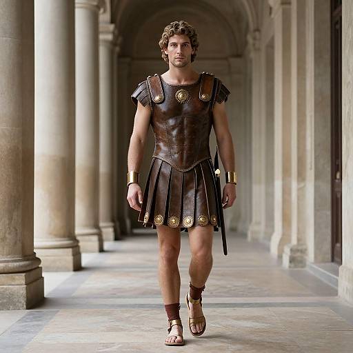 Photograph of a muscular, young man with curly brown hair, wearing a bronze Greek warrior's tunic, gold accents, and sandals, walking down