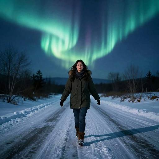 Girl Walking on Icy Night Road