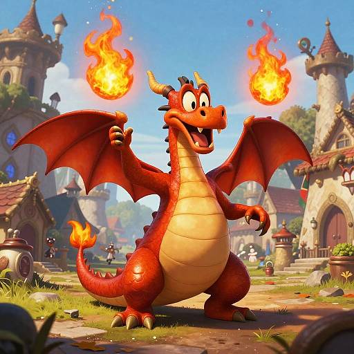 Cartoon red dragon with yellow belly, wide eyes, and smiling mouth, holds two floating fireballs, in a sunny medieval village.
