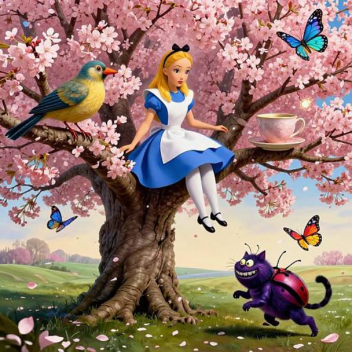 Digital illustration of Alice in blue dress, sitting on cherry tree, bird on branch, teacup, butterflies, and grinning black cat.