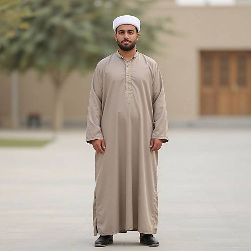 Photograph of a bearded man with medium brown skin, wearing a white cap and beige traditional long tunic, standing in a sunlit outdoor area