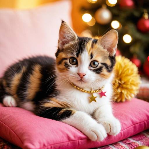 Calico Kitten with Star Necklace on Pink Cushion
