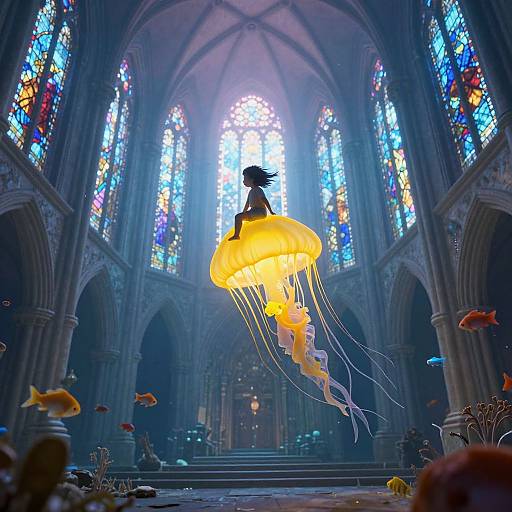 Digital art: Silhouetted girl in glowing jellyfish swims in ornate cathedral with colorful stained glass, surrounded by fish and underwater plants.