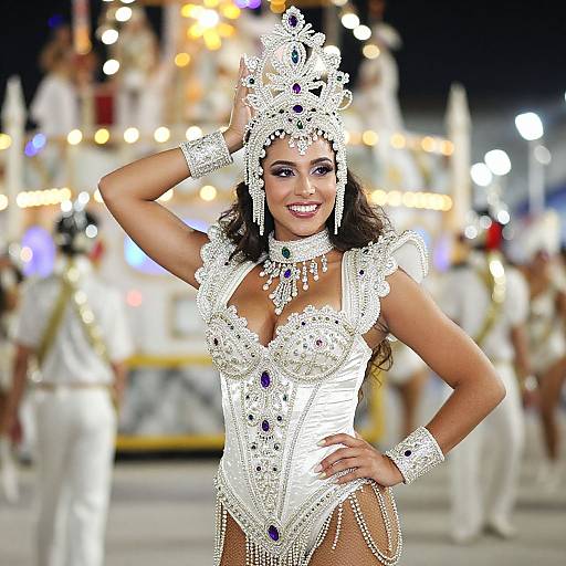 Photograph of a smiling, dark-haired woman in an elaborate, white, bejeweled costume with a crown, posing in a nighttime parade with