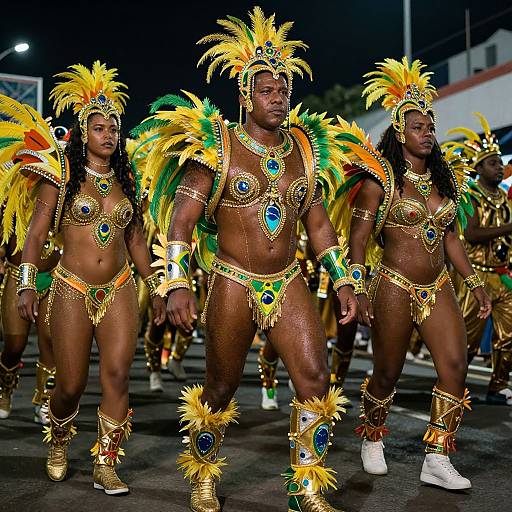 Photograph of three muscular Black Carnival dancers in gold and green feathered costumes, adorned with blue gemstones, marching at night.