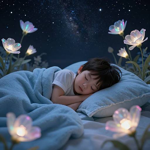 Photograph of a sleeping Asian child with black hair, under a blue blanket, surrounded by glowing, illuminated white flowers, against a starry night sky