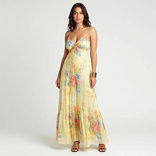 Photograph of a pregnant woman with long black hair, wearing a yellow floral maxi dress, gold bracelets, and black sandals, standing against a plain white