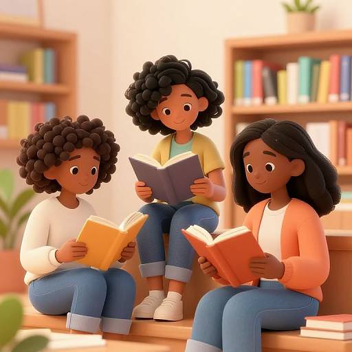 Three diverse young girls with curly and straight black hair, wearing casual clothes, sitting on a wooden bench reading books in a brightly lit, cozy library with