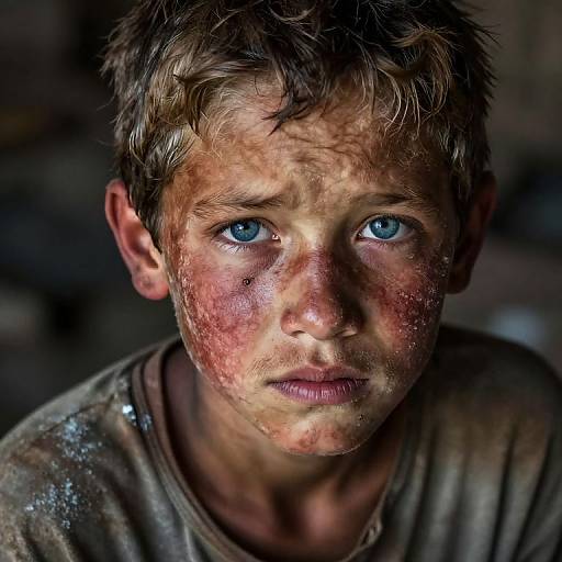 Photograph of a young, dirty, blue-eyed boy with messy brown hair, flushed cheeks, and a somber expression, wearing a soiled shirt