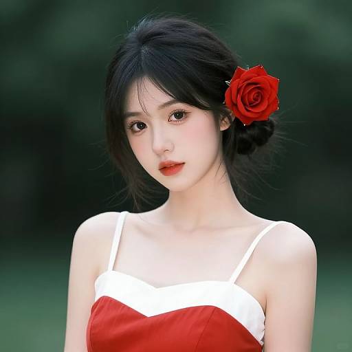 Digital portrait of an East Asian woman with pale skin, black hair, red rose in hair, wearing a red and white dress, against a blurred green