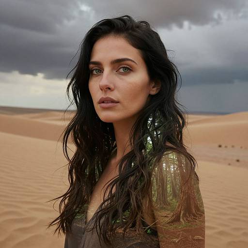 Photograph of a pensive, dark-haired woman with green eyes in a desert under stormy skies, wearing a green, reflective top.