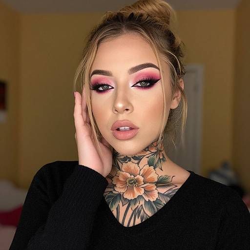 Photograph of a blonde woman with pink eyeshadow, black eyeliner, full lips, floral neck tattoo, black top, hand on cheek,