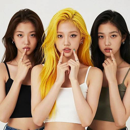 Photograph of three Asian women with long hair, each touching their lips with fingers, wearing black, white, and green crop tops. Bright yellow hair