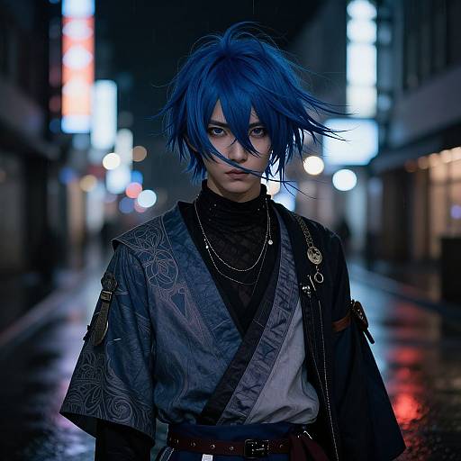 Digital artwork of a blue-haired anime character with intense eyes, wearing a dark, patterned kimono, standing in a neon-lit, rain-so