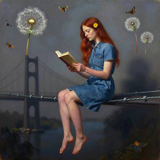 Photograph-like digital art of red-haired girl in denim dress, barefoot, reading on bridge, surrounded by dandelions, butterflies, and San